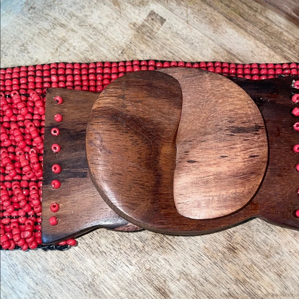 Boho Cowgirl Red Beaded Stretch Belt Wood Buckle Wide Artisan Small Southwest